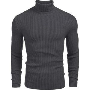 Coofandy Charcoal GreyRibbed Slim Fit Knitted Pullover Casual Turtleneck Sweater